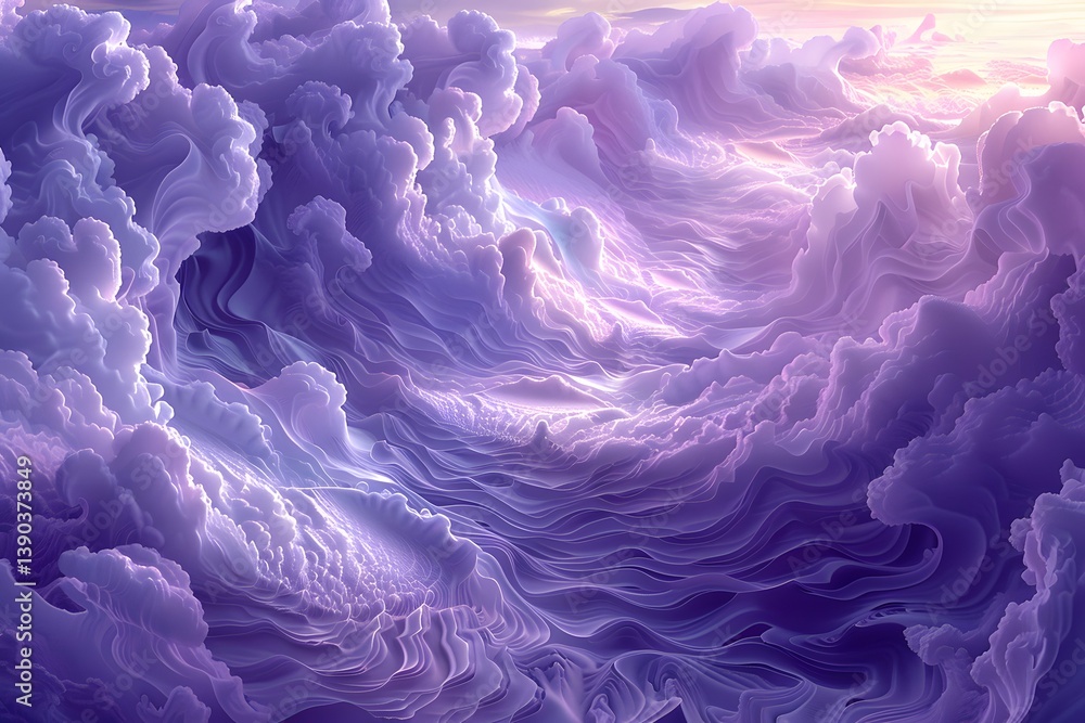 Obraz premium Dramatic swirling cloudscape illuminated by warm light and intense purple hues, creating a breathtaking sky scene.