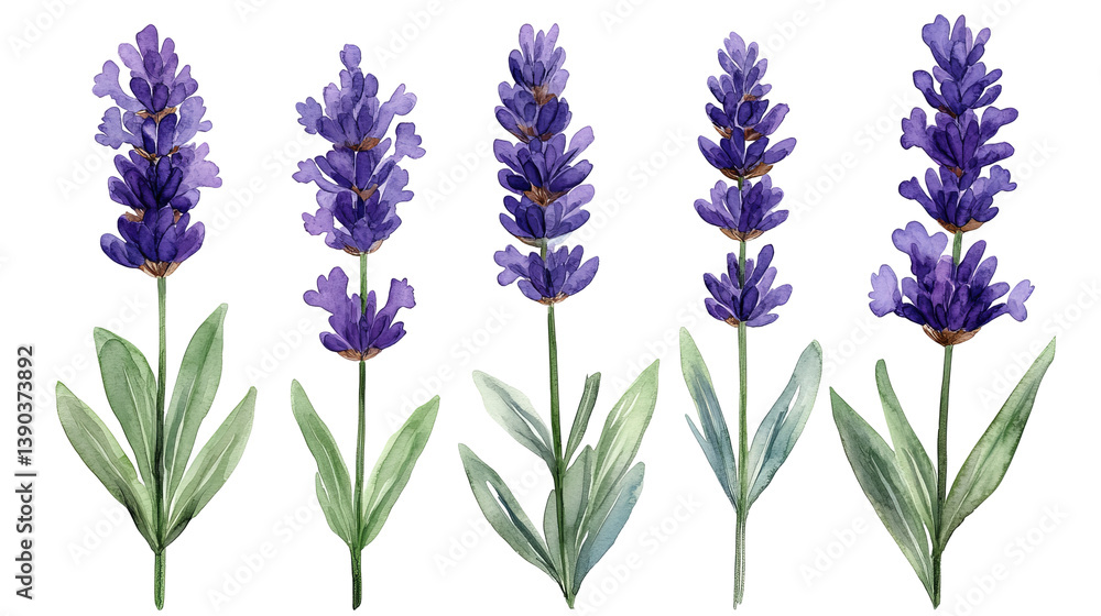 Naklejka premium Five Watercolor Lavender Flowers Botanical Illustration Purple Floral Design Element Natural Herbal Aromatic Plant art image bloom fresh 