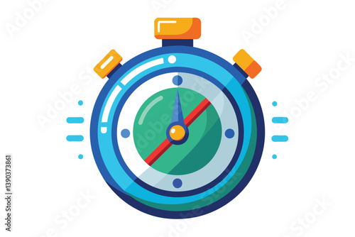 A cartoon-style blue and yellow stopwatch with a red second hand is shown against a white background.