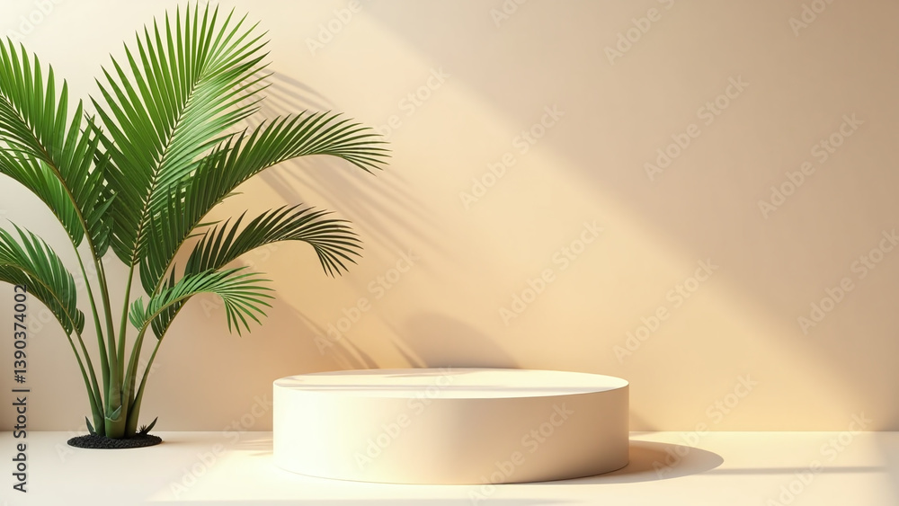 minimalist summer displays feature lush palm fronds sleek cylindrical pedestal warm golden minimalist summer displays feature lush palm fronds sleek cylindrical pedestal warm golden