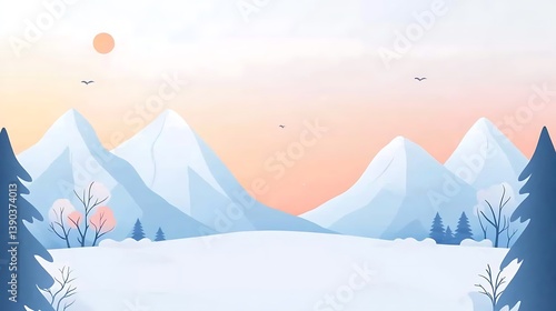 Serene winter mountain landscape at sunrise.