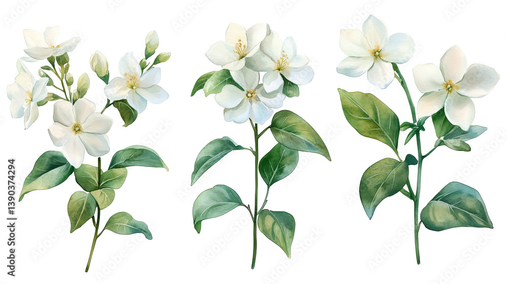 Elegant Watercolor White Jasmine Flowers Botanical Illustration Floral Design Spring Nature White Blossoms Green Leaves Botanical Painting