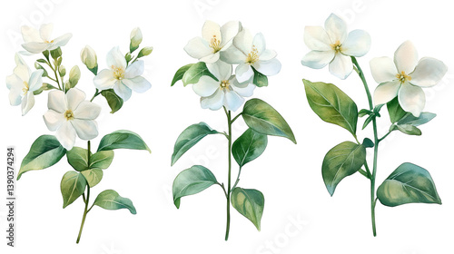 Obraz na płótnie Elegant Watercolor White Jasmine Flowers Botanical Illustration Floral Design Spring Nature White Blossoms Green Leaves Botanical Painting w salonie