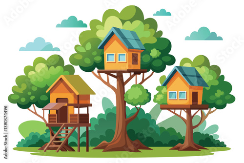 A vibrant cartoon of three treehouses among tall trees with lush foliage and clouds in the blue sky.
