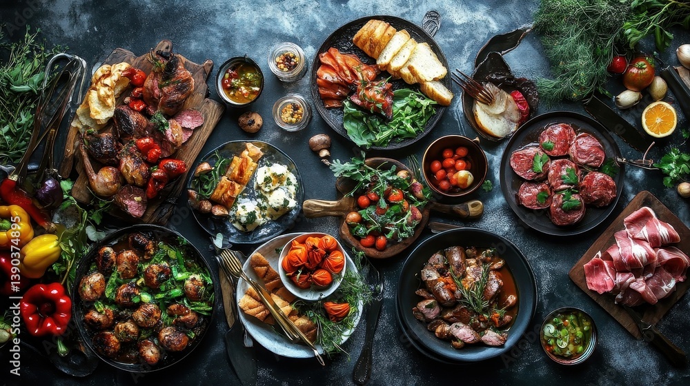 Fototapeta premium An Elaborate Feast of Various Savory Dishes on Display