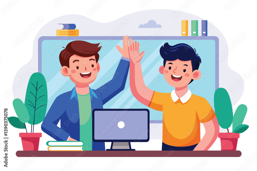 Two happy men in a modern office setting celebrate a successful collaboration with a high five. Two happy men in a modern office setting celebrate a successful collaboration with a high five.