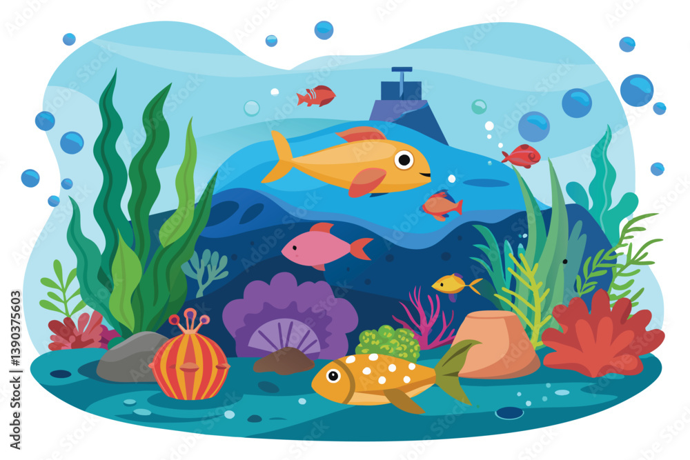 Obraz premium An illustration of colorful fish swimming in a vibrant underwater scene with sea plants, coral reefs, and bubbles.