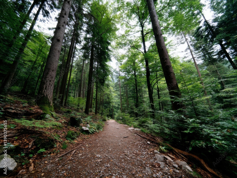 Fototapeta premium Tranquil Forest Pathway Surrounded by Ambient Light in Nature