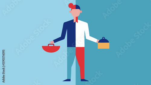 DualLifestyle An individual split down the middle one half in business attire with a briefcase and the other half in casual home clothes holding a frying pan and a book. The two
