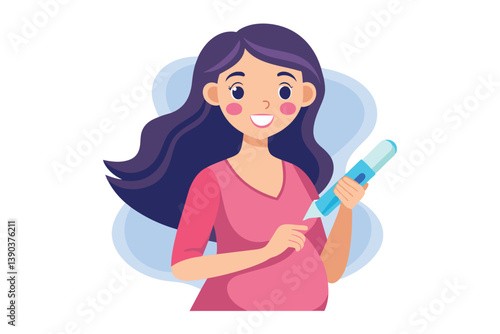 An illustration of a pregnant woman holding a positive pregnancy test, smiling and looking happy.