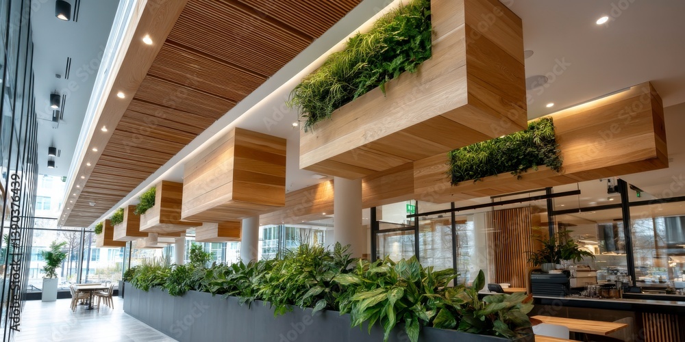 Fototapeta premium Modern Interior composition with Lush Plants and Shadowed Ceilings