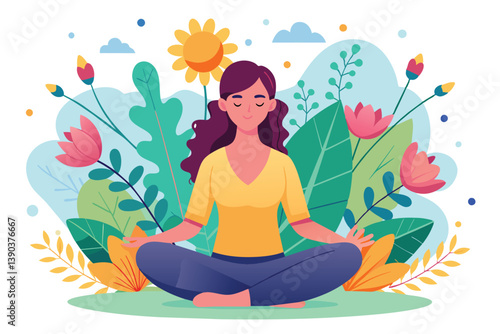 A woman sits in a lotus pose with her eyes closed, meditating in a vibrant garden filled with flowers and leaves, enjoying the peaceful sunshine.