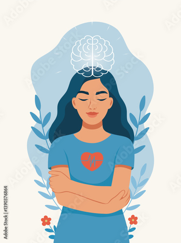 Mental Health Day. Vector illustration of a calm woman with closed eyes symbolizing mindfulness and mental health. The heart and brain represent the harmony between the mind and cardiovascular health
