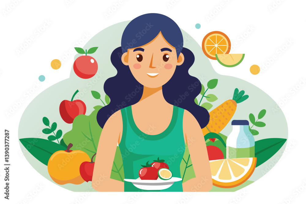 A cartoon illustration of a smiling woman holding a plate of tomatoes with fruits and vegetables around her, promoting a healthy lifestyle.