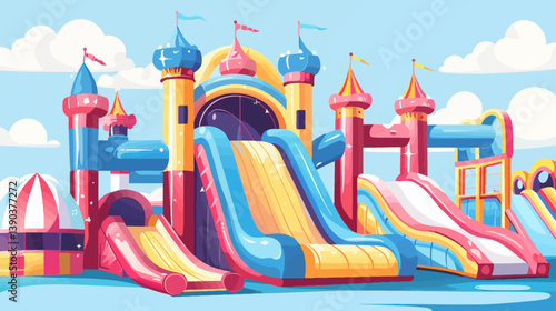 Vector inflatable playground illustration with bouncy slides and rubber castles for birthday parties and air park fun attractions