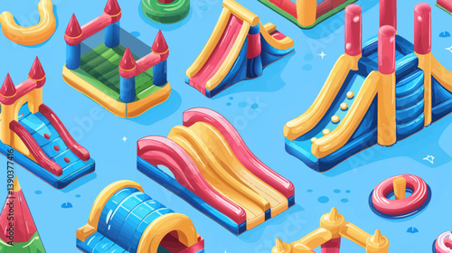 Vector inflatable playground illustration with bouncy slides and rubber castles for birthday parties and air park fun attractions