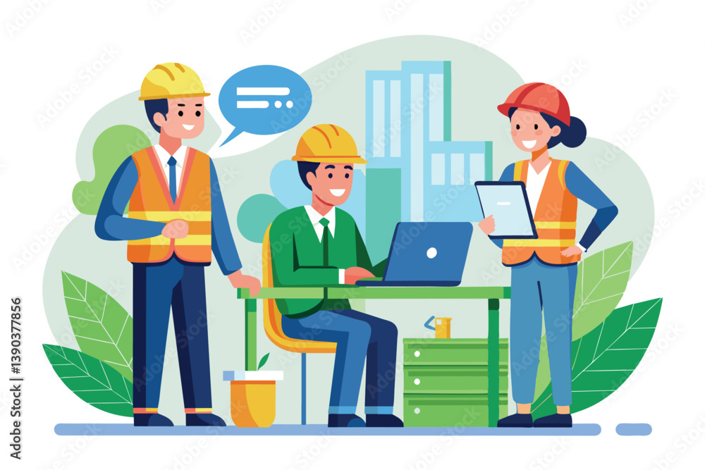 Three construction workers are discussing building plans. One is seated at a desk with a laptop while the other two stand beside him, one holding a tablet. Three construction workers are discussing building plans. One is seated at a desk with a laptop while the other two stand beside him, one holding a tablet.
