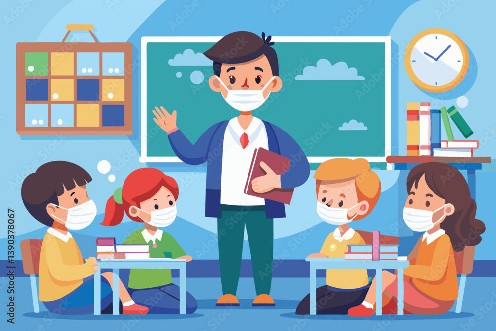 An illustration of a teacher instructing four students in a classroom. Everyone is wearing a face mask. An illustration of a teacher instructing four students in a classroom. Everyone is wearing a face mask.