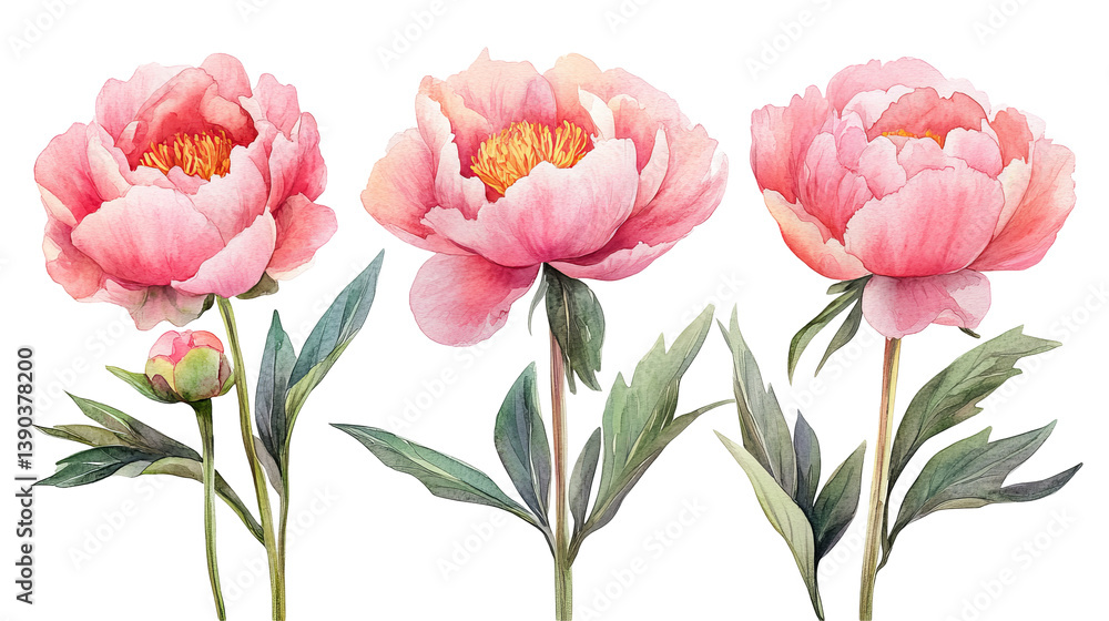 Elegant Watercolor Pink Peonies Floral Design Botanical Illustration Romantic Flowers Nature Art Print Wedding Invitation Template Bud Soft