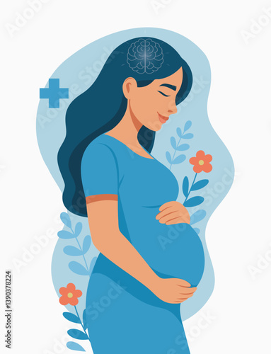 Women's Health Day. Pregnancy. Vector tender illustration of pregnant woman holding her belly tenderly. Calm, awareness and joy of pregnancy, floral and medical symbols on background