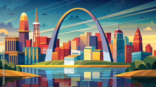 St Louis Missouri skyline across Mississippi River with blurred Depth of Field