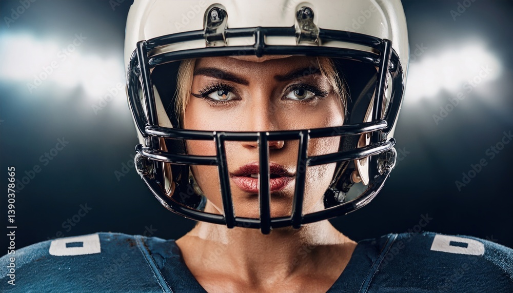 Focused football player with a helmet demonstrates strength and confidence in a stadium setting. Focused football player with a helmet demonstrates strength and confidence in a stadium setting.