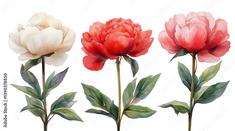 Elegant Watercolor Peonies Red Pink White Flowers Botanical Illustration Floral Design Nature Art Painting Soft Card Bloom Stems Fresh Image