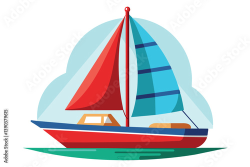 A cartoon illustration of a red and blue sailboat on a sunny day. The sailboat is sailing on the water and has a blue and red sail.
