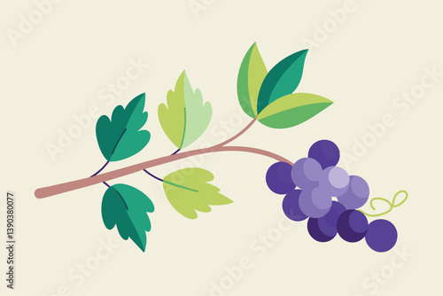 A simple illustration of a single grapevine branch with green leaves and a cluster of ripe purple grapes.