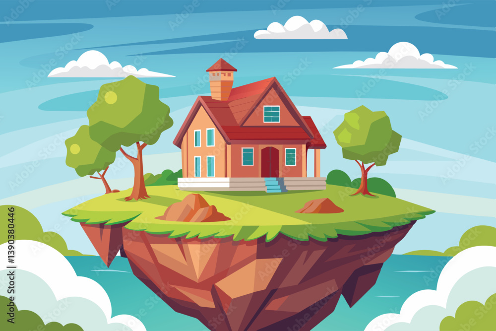 An illustration of a cartoon house with a red roof and chimney situated on a floating rock island surrounded by clouds and blue water.