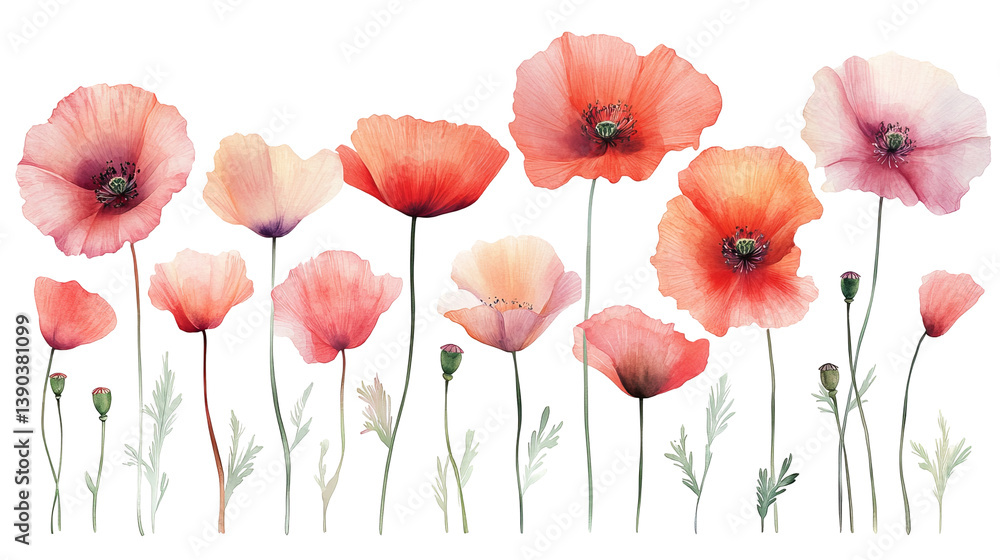 Elegant Watercolor Poppies Floral Design Botanical Illustration Soft Pink Orange Flowers Nature Art Print Transparent Background Red Bloom Image