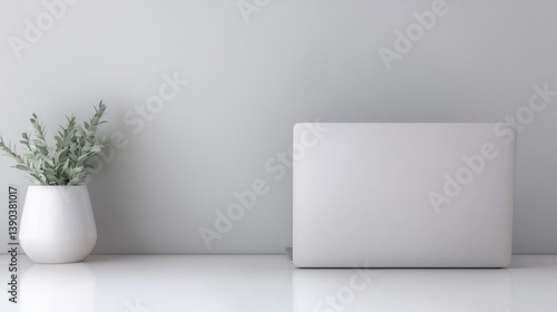 Wallpaper Mural Minimalist workspace with laptop and plant Torontodigital.ca