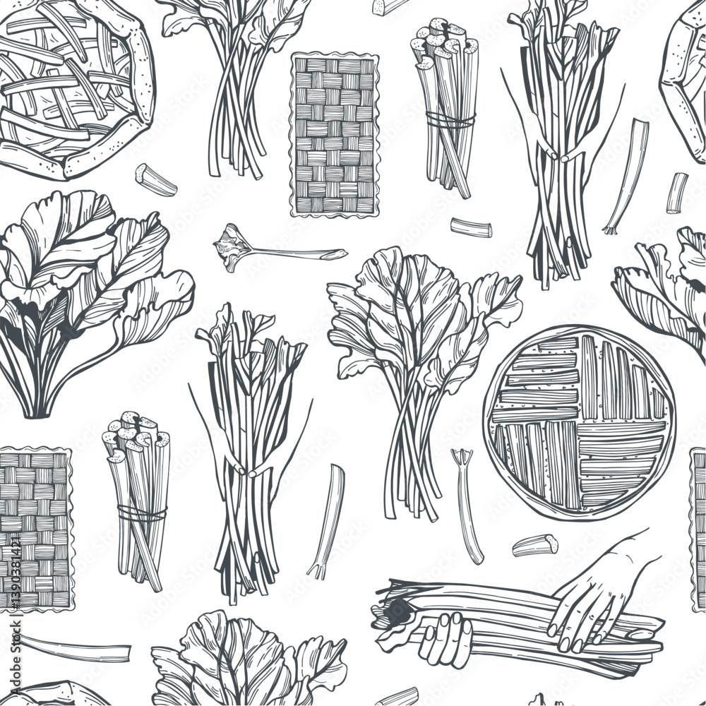 custom made wallpaper toronto digitalHand-drawn rhubarb set. Vector seamless pattern.  