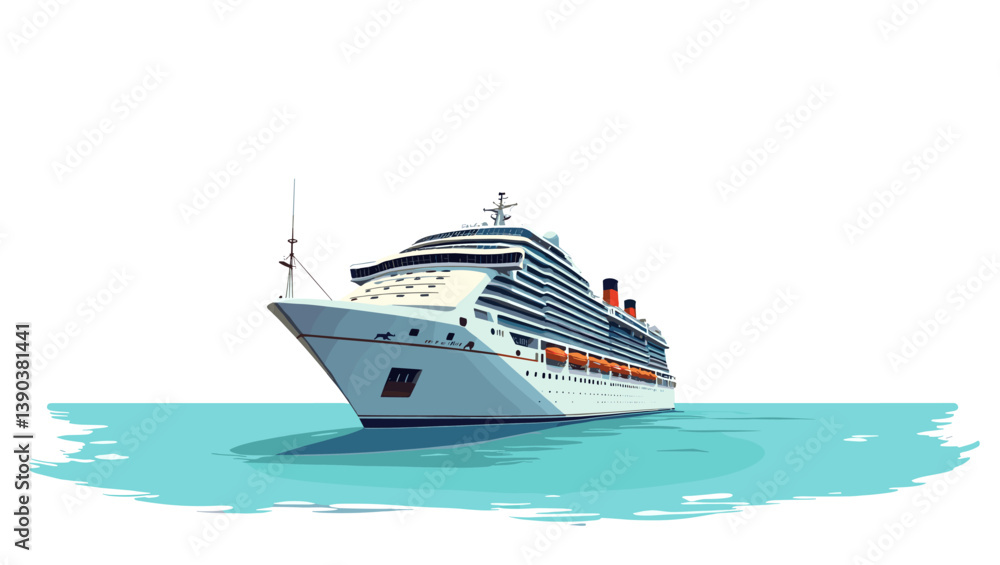 Vector illustration of a white cruise ship sailing on calm waters under a clear sky, representing luxury travel, holidays, and maritime tourism Vector illustration of a white cruise ship sailing on calm waters under a clear sky, representing luxury travel, holidays, and maritime tourism