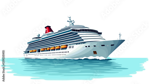 Vector illustration of a white cruise ship sailing on calm waters under a clear sky, representing luxury travel, holidays, and maritime tourism