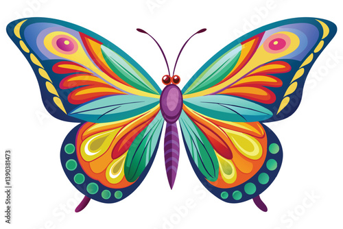 A brightly colored butterfly with intricate wing patterns, featuring shades of blue, green, yellow, orange, and red. The butterfly is depicted against a white background.