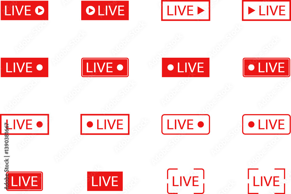 Live streaming icon. Live broadcast video broadcasting icon. Red button sign for news, shows, video, TV, movies illustration Live streaming icon. Live broadcast video broadcasting icon. Red button sign for news, shows, video, TV, movies illustration
