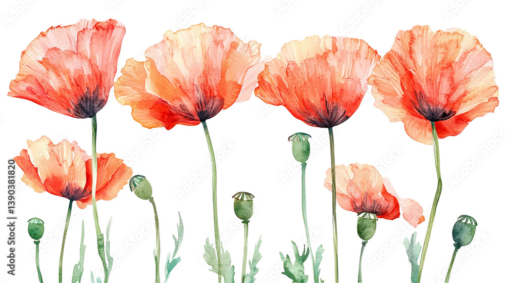 Elegant Watercolor Poppies Floral Design Botanical Art Print Red Orange Flowers Nature Transparent Background Soft Bloom Plant Summer Spring