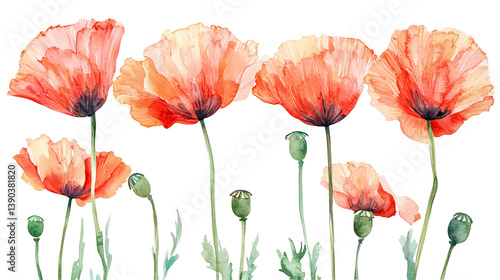 Elegant Watercolor Poppies Floral Design Botanical Art Print Red Orange Flowers Nature Transparent Background Soft Bloom Plant Summer Spring