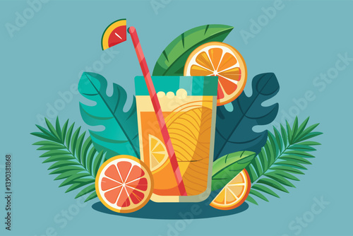 A refreshing drink with citrus fruits and a straw surrounded by tropical leaves on a light blue background.