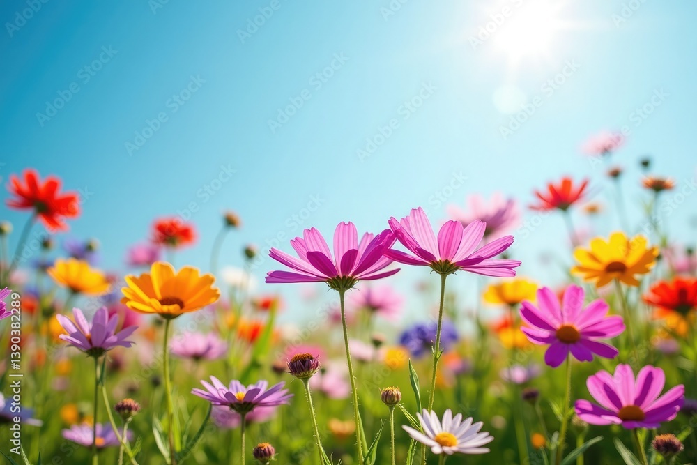 Colorful spring tulips and pink blossoms bloom in the floral field Colorful spring tulips and pink blossoms bloom in the floral field