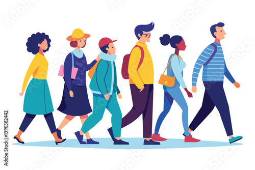 A group of six diverse individuals walk together in a city street. They are all dressed casually, and their body language suggests they are friends or colleagues.