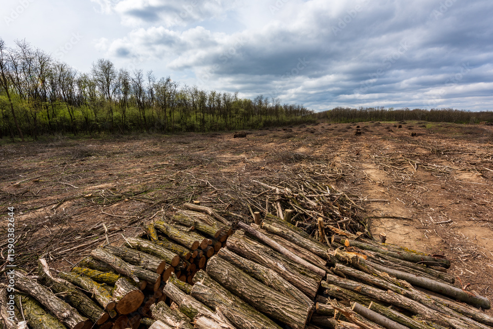 The remains of a cleared area of deforestation with cut and stacked logs. Hungary. The remains of a cleared area of deforestation with cut and stacked logs. Hungary.