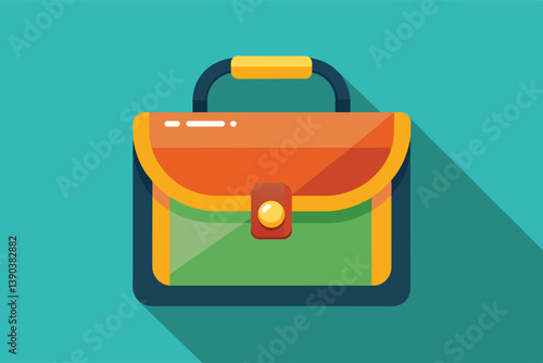 A flat design illustration of a briefcase with a yellow handle, green body, and orange top flap. The briefcase casts a long shadow on a teal background.