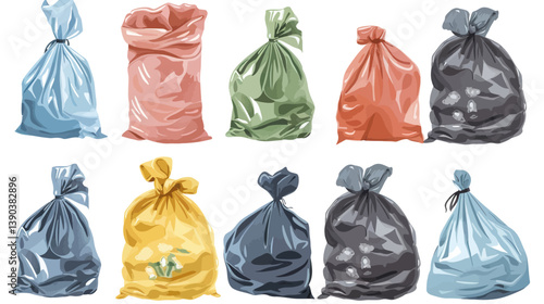 Vector illustration of full tied refuse plastic sacks with trash bags in various shapes for waste disposal and cleanup design