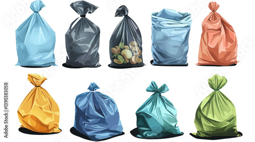 Vector illustration of full tied refuse plastic sacks with trash bags in various shapes for waste disposal and cleanup design