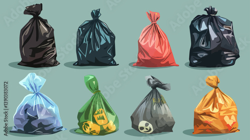 Vector illustration of full tied refuse plastic sacks with trash bags in various shapes for waste disposal and cleanup design
