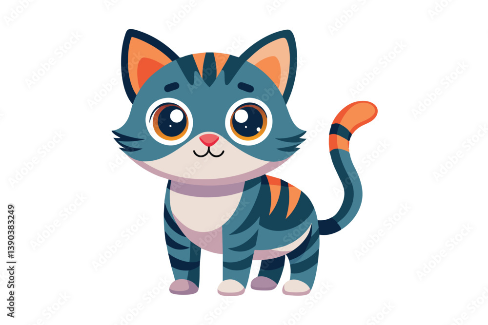Obraz premium A cartoon illustration of a blue and orange striped cat with big eyes standing on a white background.