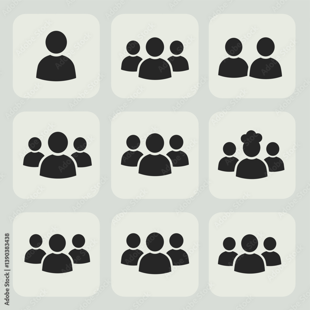 People Icon Set: A collection of minimalist icons representing various group sizes, perfect for illustrating concepts related to community, unity, and teamwork in a clean, modern style. People Icon Set: A collection of minimalist icons representing various group sizes, perfect for illustrating concepts related to community, unity, and teamwork in a clean, modern style.
