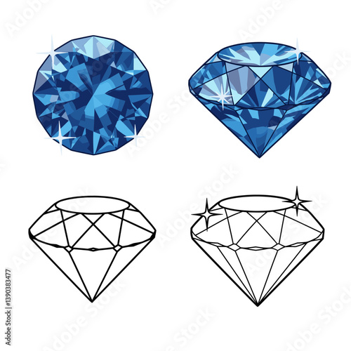 Shining Jewel: A brilliant-cut gem with multi-faceted surfaces and internal reflections sparkles, showcasing its exquisite details, and also in line art form, conveying elegance and luxury.